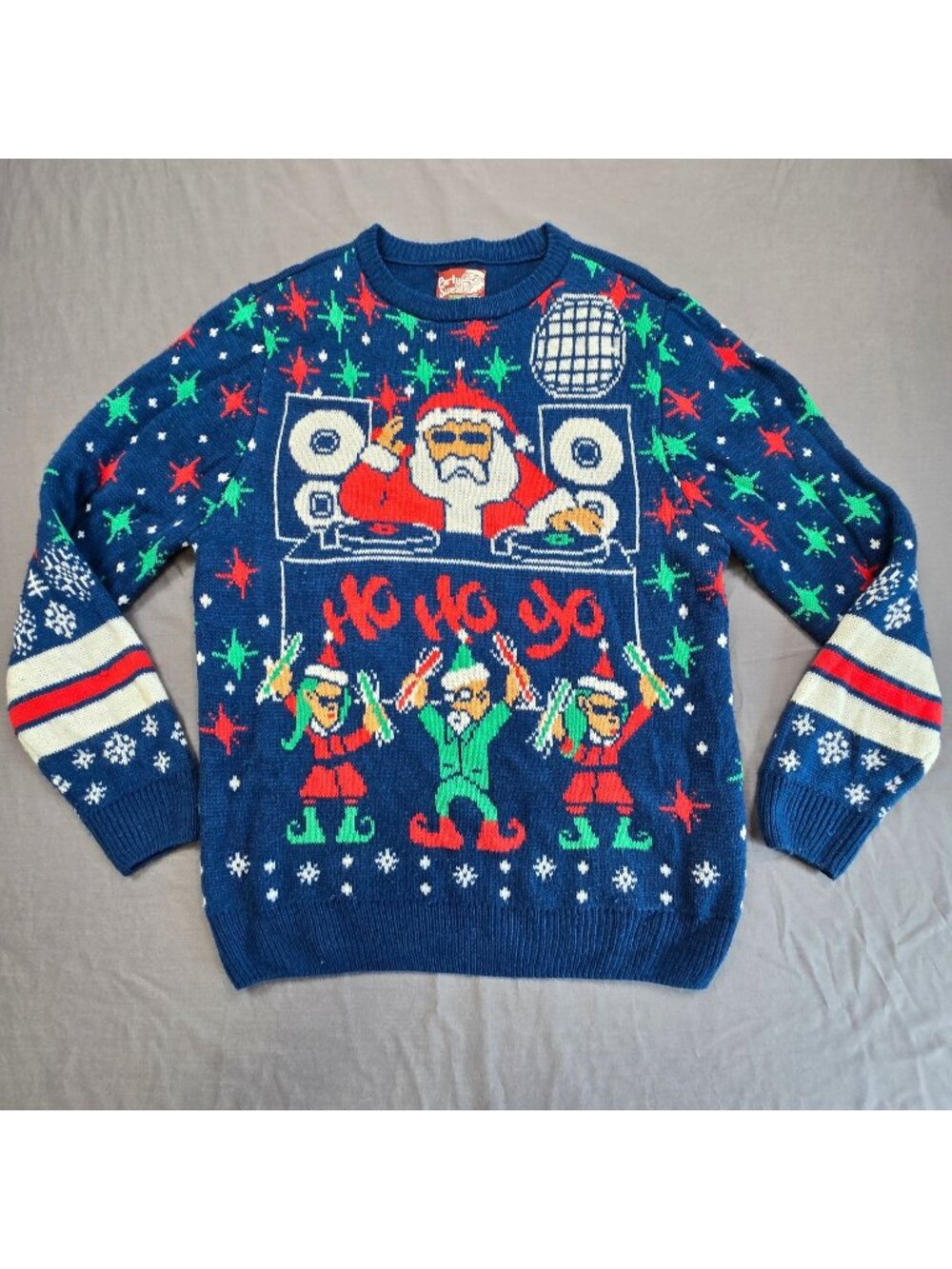 Party Sweater Large Mens Holiday Pullover Blue DJ Santa Ugly Christmas